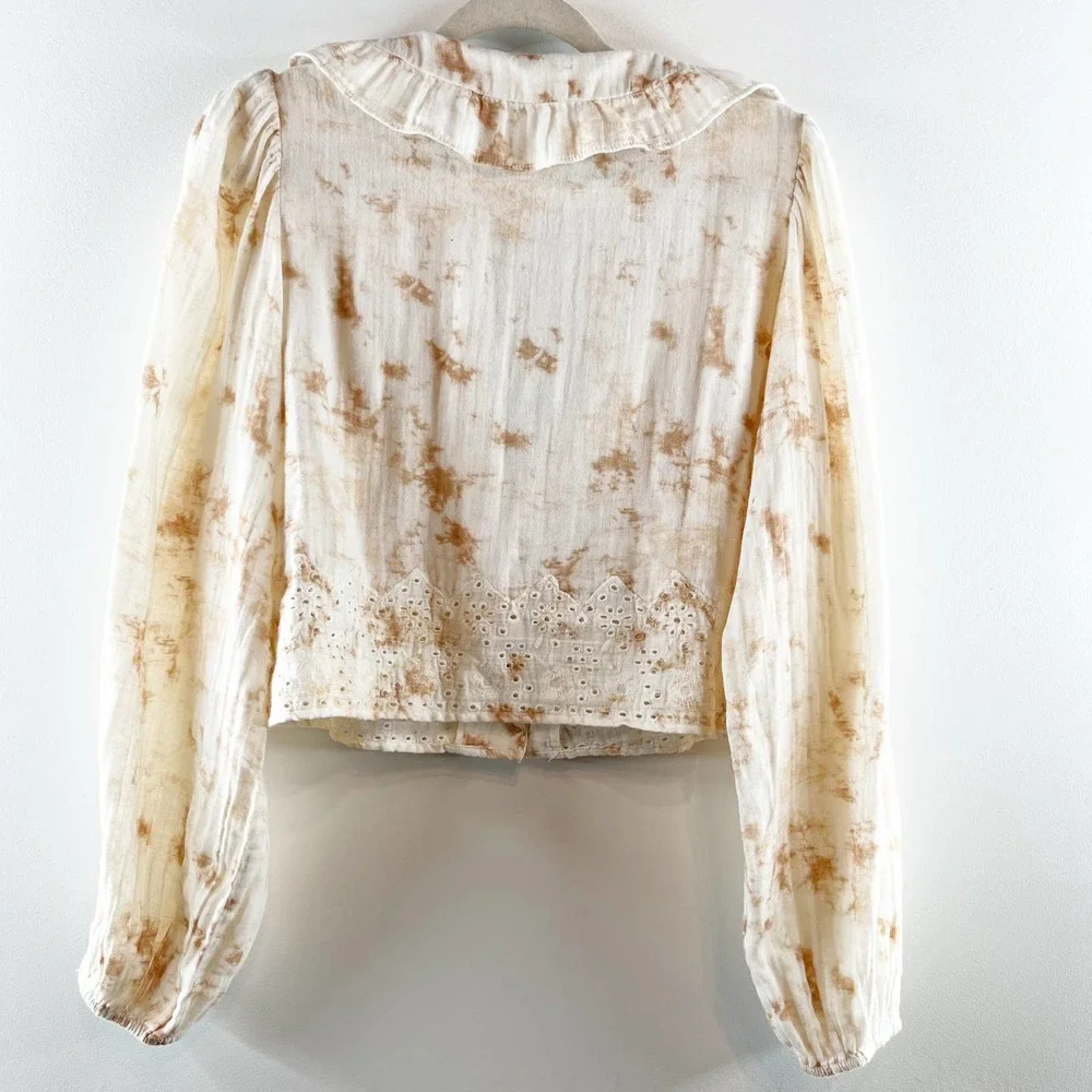 Zara Cream Tie-Dye Eyelet Lace Cropped Blouse